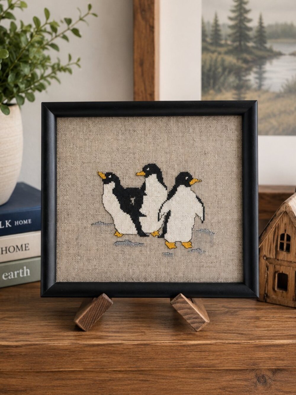 Handmade Penguin Cross Stitch Framed Wall Art Black Wood Frame 9.25" x 8.25"